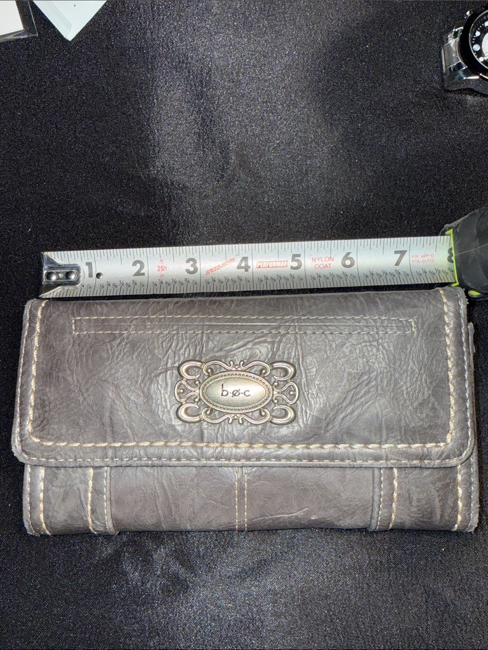 b.o.c. Gray Leather Trifold Wallet with Decorative Metal Logo